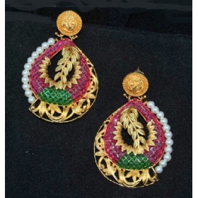 Real Look Intricate Gold Ruby with Emerald Dangler Earrings